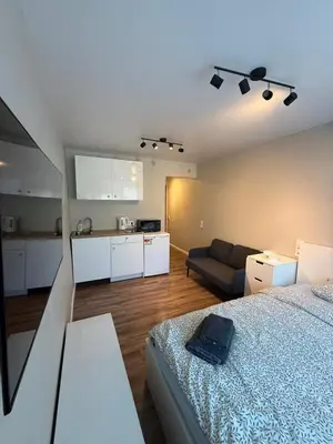 a room with a bed and a couch and a kitchen at Studio apartment ll in Vilnius