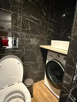 a bathroom with a toilet and a washing machine at Studio apartment ll in Vilnius