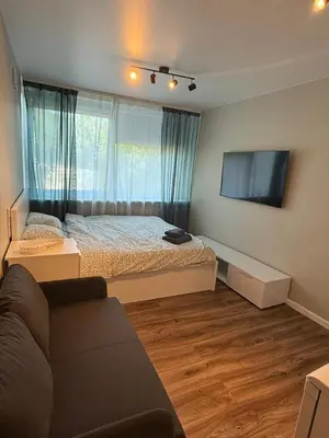 a bedroom with a bed and a couch and a tv at Studio apartment ll in Vilnius