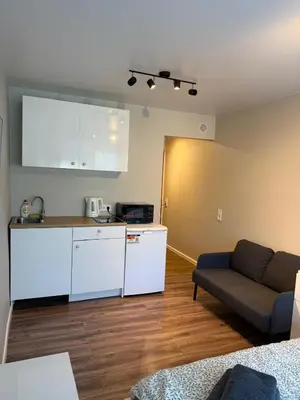 a living room with a couch and a kitchen at Studio apartment ll in Vilnius