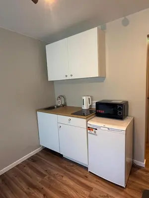 a small kitchen with a microwave and a refrigerator at Studio apartment ll in Vilnius