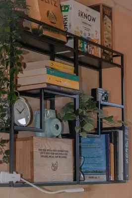 a book shelf with books and a camera and a box at MyRetreat - cabin for two