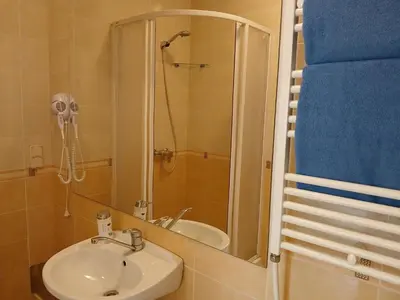 a bathroom with a sink and a shower at Big apartment in city center in Kaunas
