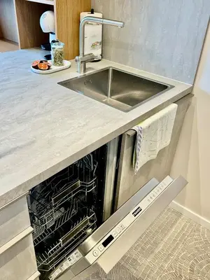 a dishwasher in a kitchen with a sink at Flat in Vlinius city center in Vilnius