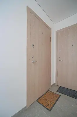a room with two wooden doors and a rug at Green Apartment with free parking in Kaunas