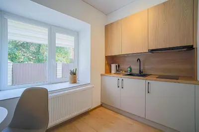 a kitchen with white cabinets and a sink and a window at Green Apartment with free parking in Kaunas