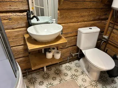 a bathroom with a sink and a toilet at Rustic Guesthouse in Pine Forest