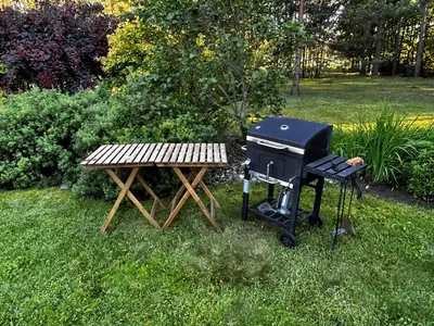 a grill and a picnic table in the grass at Rustic Guesthouse in Pine Forest