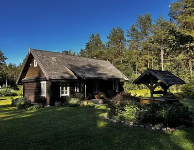 a small wooden house with a grass yard at Rustic Guesthouse in Pine Forest