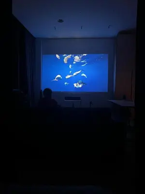 a person sitting in front of a large screen with a fish aquarium at Design apartment with view to Nemunas, Prienai in Pakopi