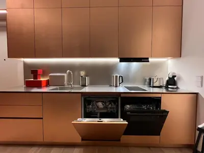 a kitchen with brown cabinets and a sink at Design apartment with view to Nemunas, Prienai in Pakopi