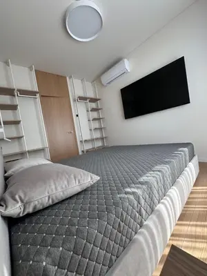 a bedroom with a bed and a flat screen tv at Apartamentai prie Soboro in Kaunas