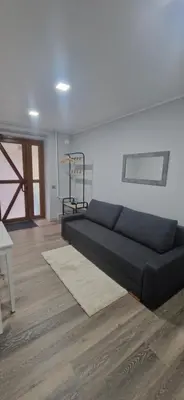 a black couch in a living room with a wooden floor at Apartamentai Grigiškes in Grigiškės