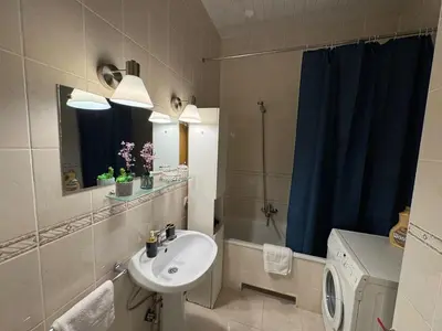 a bathroom with a sink and a toilet and a shower at Maironio g Centras in Kaunas