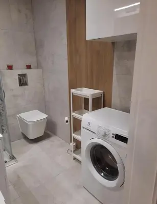 a small bathroom with a washing machine and a toilet at Krivių Street Residential in Vilnius