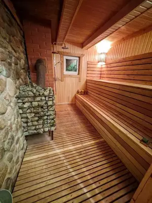 an empty sauna with wooden floors and a stone wall at Atokvėpis Alantos kaime in Alanta
