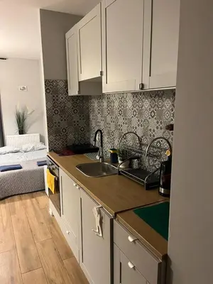 a kitchen with white cabinets and a sink at Modern flat in Vilnius