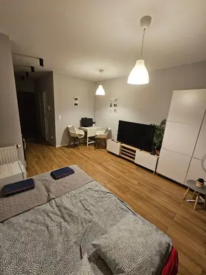 a room with a bed and a living room with a television at Modern flat in Vilnius