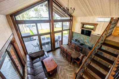 an overhead view of a living room with a couch at Galuonu vilos Ezero in Inturkė