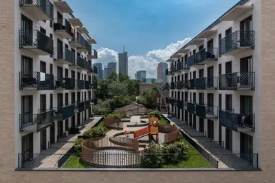 a view of an apartment complex from a balcony at Skansen Vilnius City Center in Vilnius