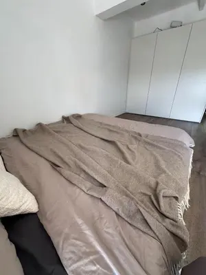 a bed with a blanket on the floor in a room at Locusdo Apartment Nr 32 in Vilnius