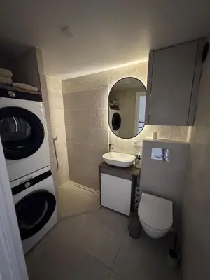 a small bathroom with a toilet and a sink at Locusdo Apartment Nr 32 in Vilnius