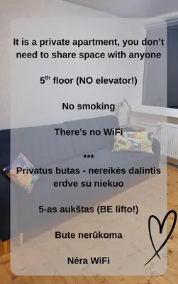 a sign that says it is a private apartment you dont need to share space at Cozy studio apartment in Marijampolė