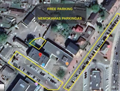 a map of a parking lot with a parking garage at Cozy studio apartment in Marijampolė