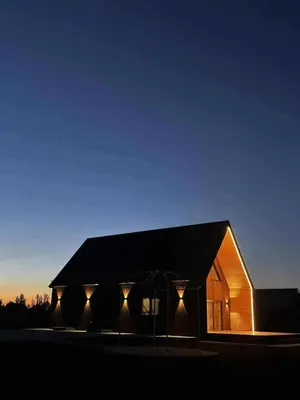 a building with lights on the side of it at Baltasis beržas