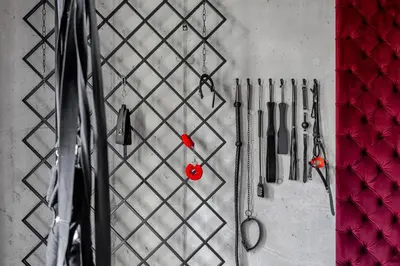 a bunch of tools are hanging on a wall at 69 Fetish Apartments with Free Underground Parking in Kaunas