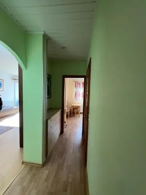a hallway with green walls and a dining room at Cozy apartment near Santariskes in Vilnius