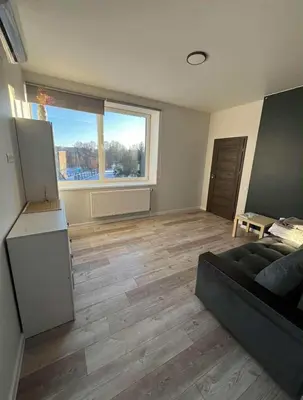 a living room with a black couch and a large window at 1 kambario apartamentai in Raseiniai