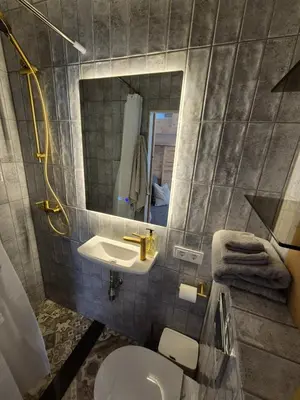 a bathroom with a sink and a toilet and a mirror at Charming Cottage - Sauna - Central Location in Šiauliai