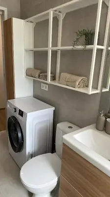 a bathroom with a toilet and a sink with a washing machine at Maironis apartment - Cozy apartment in Raseiniai in Raseiniai