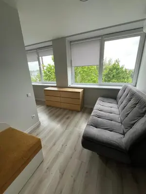 a living room with a couch and two windows at Apartamentai 2 in Raseiniai
