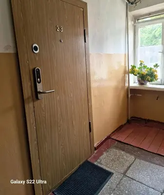 a wooden door in a room with a window at RentA Citywalk Flat in Kaunas
