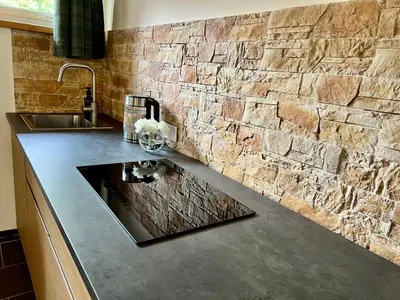 a kitchen counter with a sink and a stone wall at Apartamentai Jurbarko centre in Jurbarkas