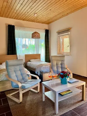 a living room with two chairs and a table and a bed at Apartamentai Jurbarko centre in Jurbarkas