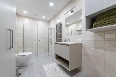 a bathroom with a toilet and a sink and a shower at Sun Sonata Apartments 3 in Druskininkai