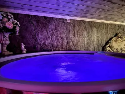 a blue tub in a room with a purple wall at Apartment Host 4 in Kaunas