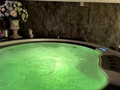 a tub filled with green water in a bathroom at Apartment Host 4 in Kaunas