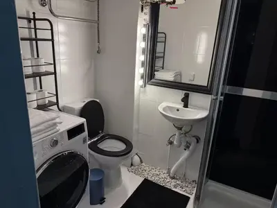 a small bathroom with a toilet and a sink at Uzupio4 Old Town House in Vilnius