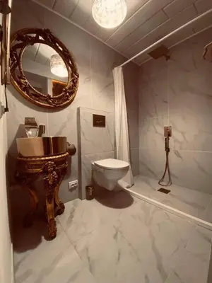 a bathroom with a toilet and a mirror at Apartment Host 2 in Kaunas