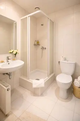 a bathroom with a shower and a toilet and a sink at Naujamiescio Studio 307 in Vilnius