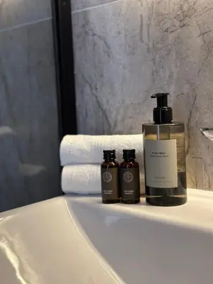 a bathroom with two bottles of soap on a sink at Dvaro central studio in Šiauliai