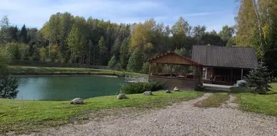 a small cabin next to a lake with trees at Sodyba Prie Maluno in Salakas
