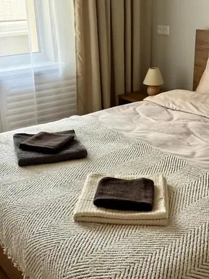 two towels sitting on top of a bed at Lake Town apartments in Zarasai
