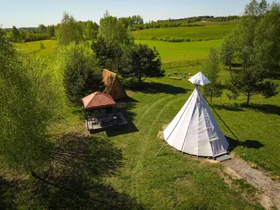 an overhead view of a tent and a gazebo at Briedžio sapnas in Sudervė