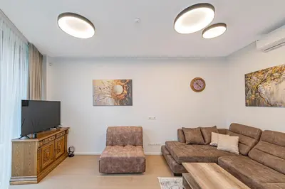 a living room with a couch and a flat screen tv at Saulės Sonata apartamentai 5 in Druskininkai