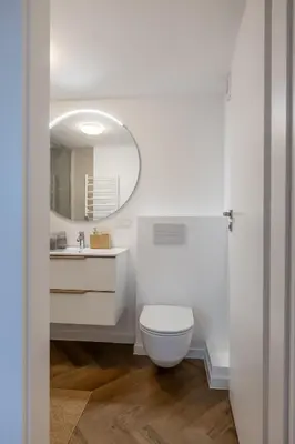 a white bathroom with a toilet and a mirror at Griunvaldo apartamentai in Kaunas